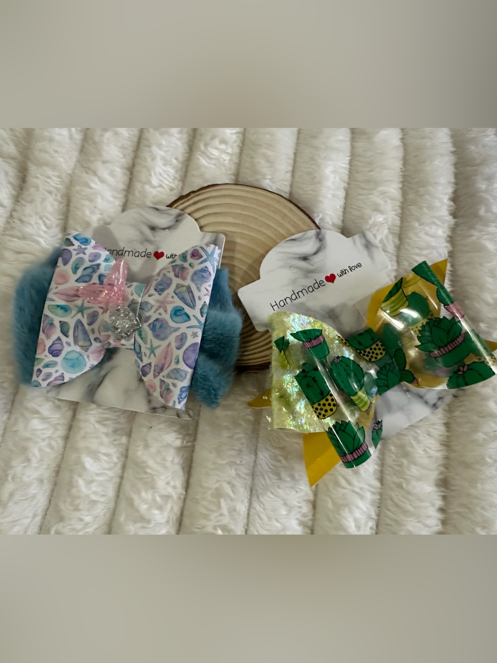 Kids Hair Bow Set - Teal Fur & Green Cactus Print bundle